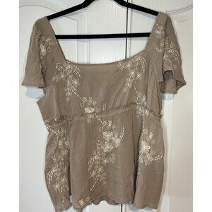 Indigo Thread Co Women Top XL Tan Embroider Floral Babydoll Stretch Fairy Boho
